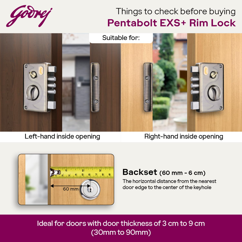 Godrej Rim Lock I Pentabolt EXS Technology I 1CK Deadbolt I For Home Main door I for Outside Opening Door & Left  Right Handed Doors I 4 Keys I 15 Year Warranty I Flawless Finish